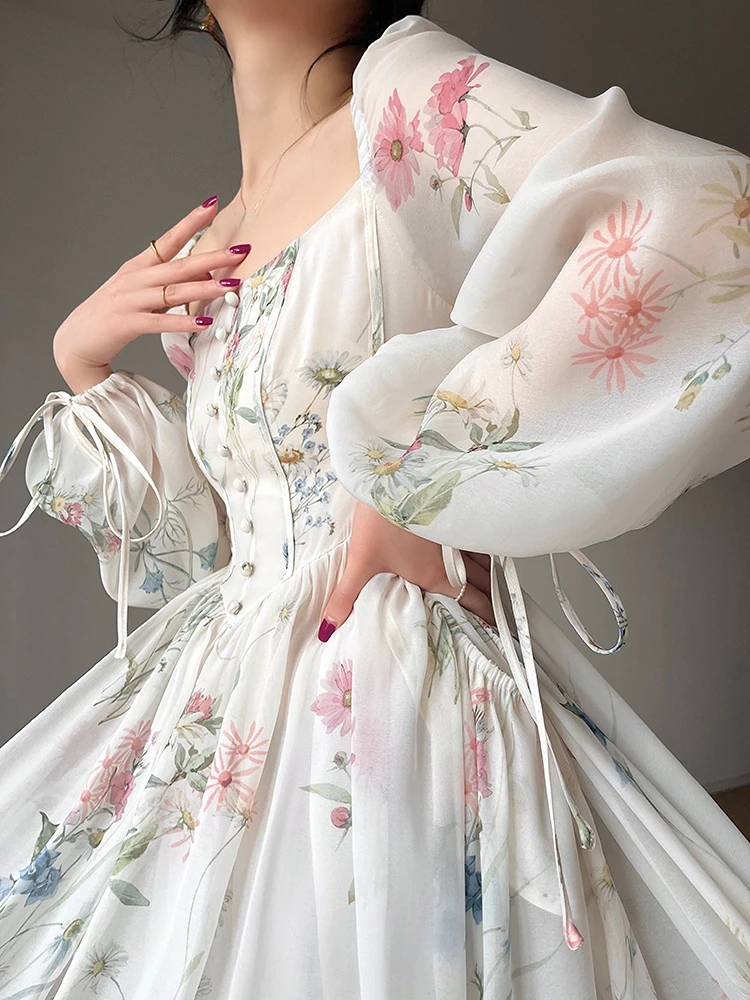 

French Elegant Floral Print Midi Dress For Women Party Evening Chiffon Long Sleeve Fairy Dress Korean Fashion Beach Summer 2023