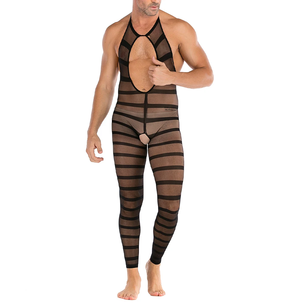 

Men's Underwear Bodysuit Hollow Stripe Exotic Set Men Sleepwear Porno Nightgown Black Costumes Open Crotch Body Male Underwear