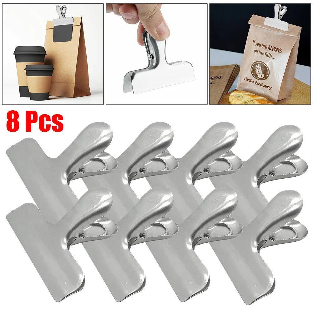 

8pcs Stainless Steel Sealing Clip Bill Clip Metal Clip Snack Bag Office Document Bag Fresh Food Bag Strong Bite Force Rust Proof