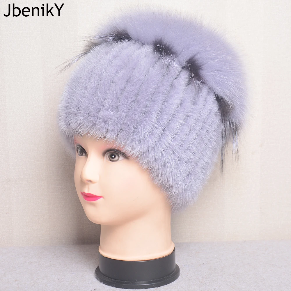 Real Natural Mink Fur Hat Fox Fur Cap Women Winter Thick Warm