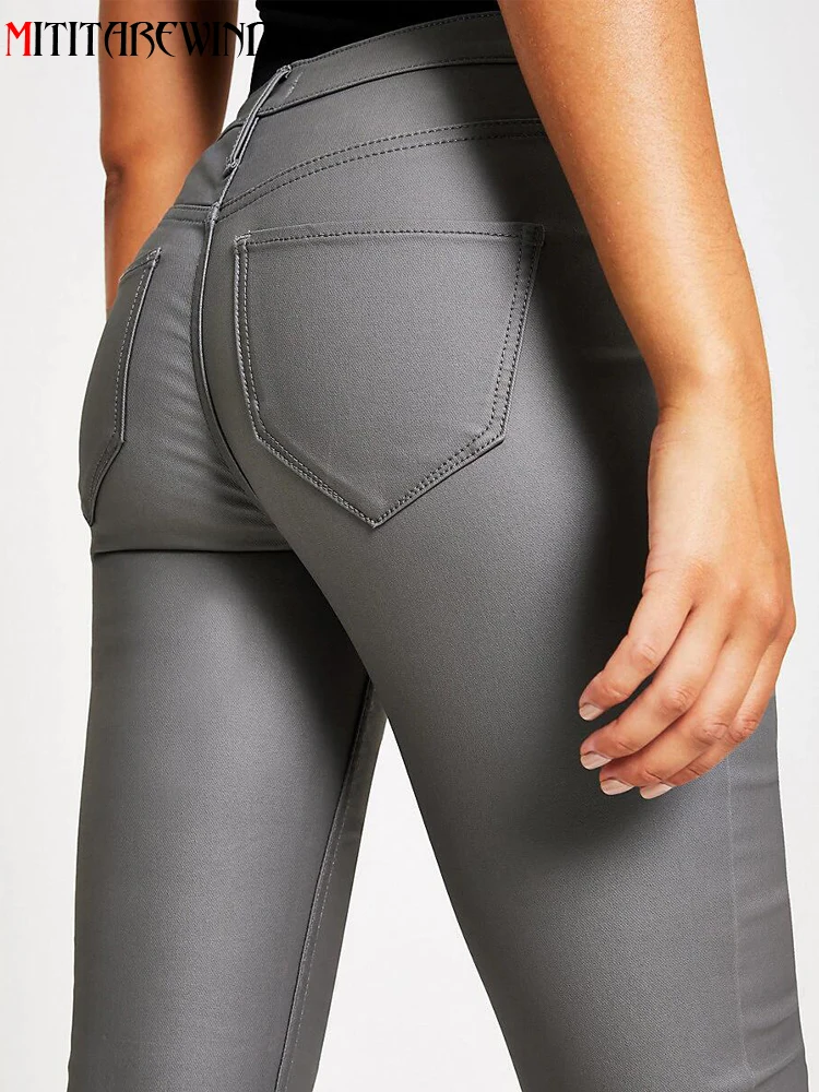 

Брюки женские из экокожи с завышенной талией, благородные серые джинсовые брюки-карандаш из эластичного материала, мотоциклетные джинсы