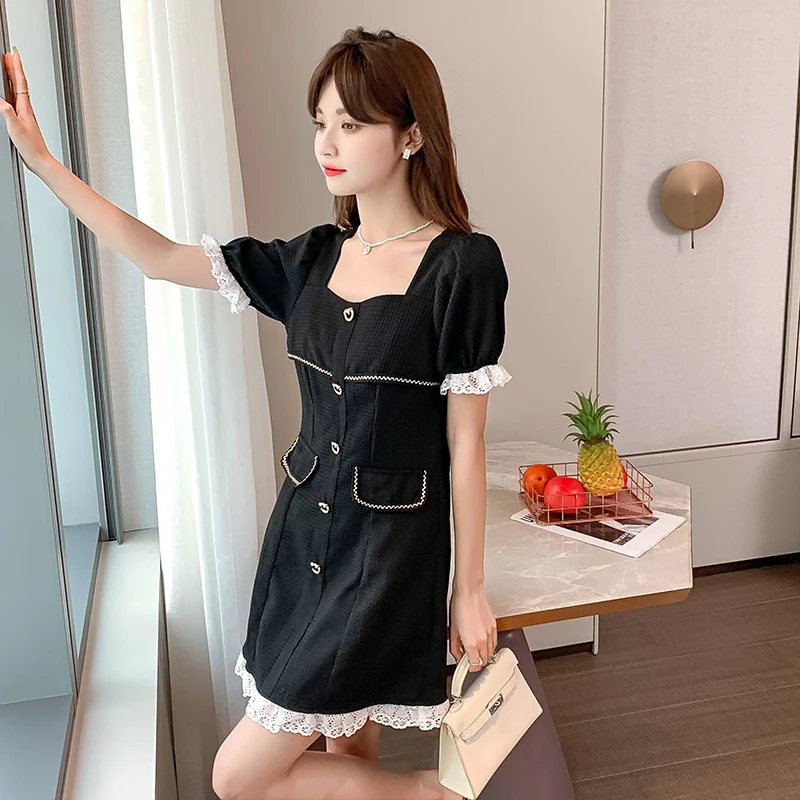 

COIGARSAM Summer Women's Dress 2021 2022 New French Style Patchwork Puff Sleeve Square Collar White Black Dresses Dropshipping