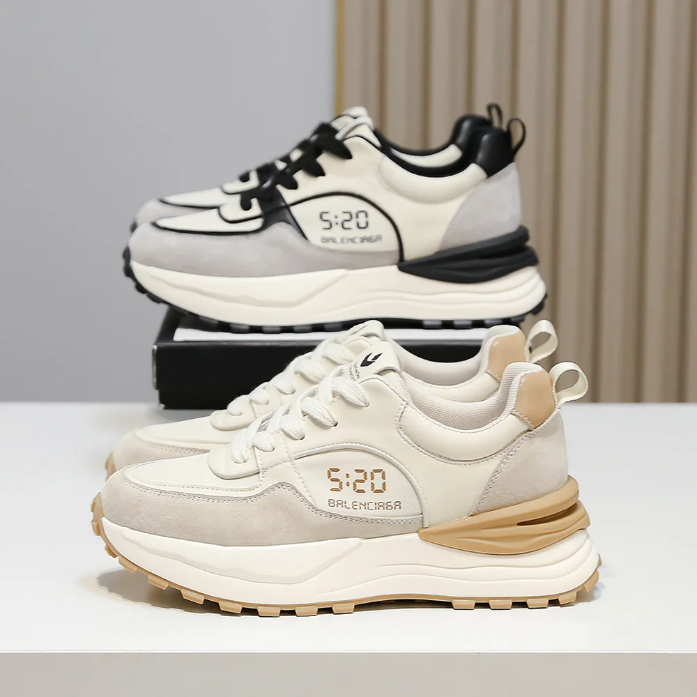 SOMILISS Women Chunky Sneakers Suede Patchwork Mixed Colors Lace-Up Round Toe Shoes Breathable Lightweight Lady Casual Sneaker