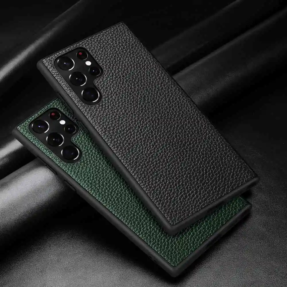 

Genuine Leather Litchi Grain Phone Case For Samsung Galaxy S23 Ultra S22 S21 Plus Luxury Business Full Coverage Armor Back Cover