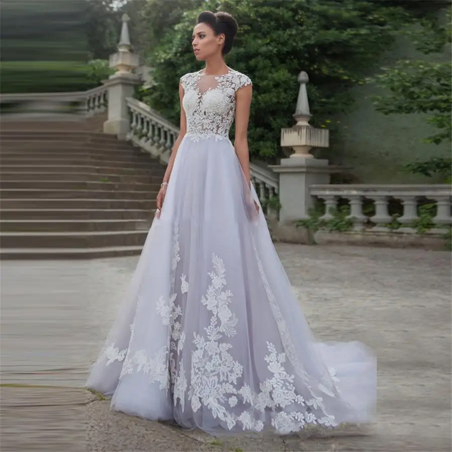 Jewel Cap Sheer Appliques Lace A-Line Wedding Dresses Soft Tulle Bridal Gowns Zipper Back Long Vestidos De Mariage
