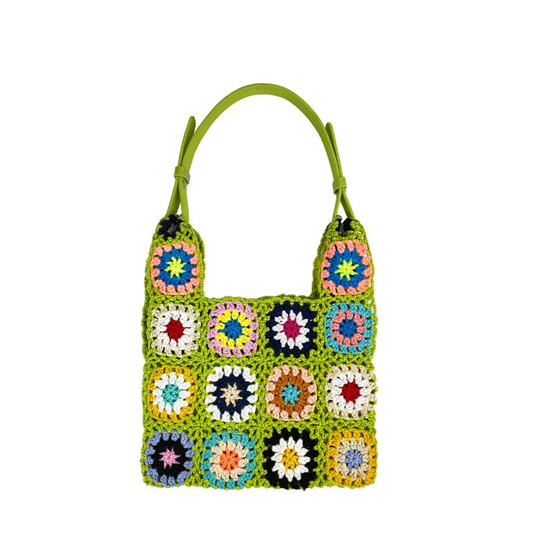

Bohemian Granny Square Tote Bag National Crochet Women Shoulder Bags Flower Knitted Lady Handbags Casual Shopper Purses 2022