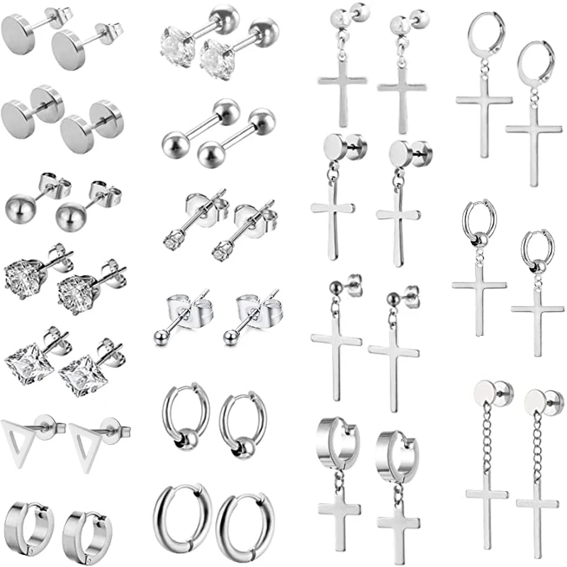 

20 Pairs Stainless Steel Cross Earrings Hypoallergenic Hinge Circle Pendant Earrings Unisex Hip-hop Style Popularity Steel