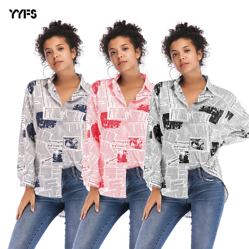 

T-shirt fashion new 2022 summer spring autumn women's long-sleeved newspaper letter print shirt women's
