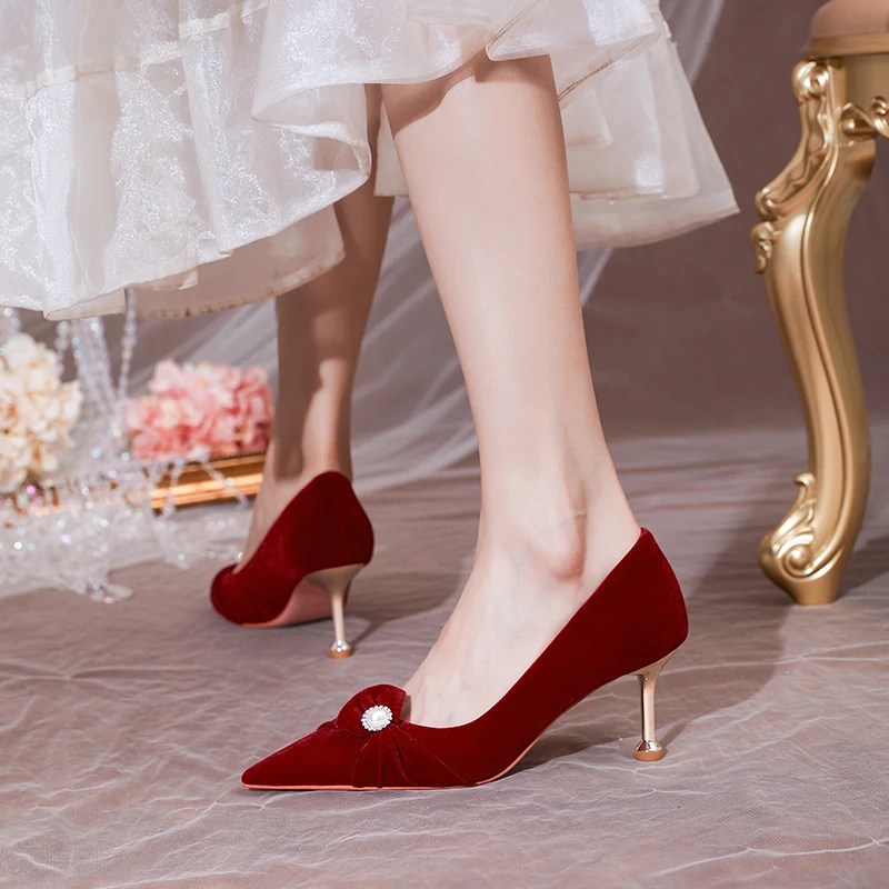 Женские замшевые туфли-лодочки винно-красные туфли на высоком каблуке-шпильке