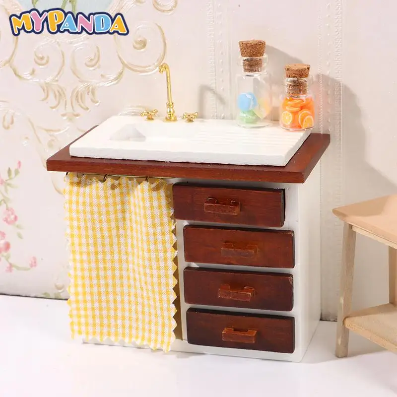 

1pc Dollhouse Miniature Laundry Cabinet Bathroom Sink Cabinet Kitchen Wash Basin Drawer Chest Curtain Furniture Model Decor