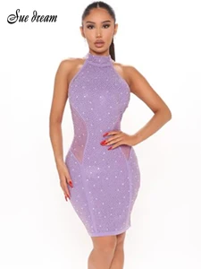 Summer 2022 Women's Sexy Sleeveless Sparkling Diamonds Purple Patchwork Bodycon Bandage Dress Elegant Celebrity Club Party Dress