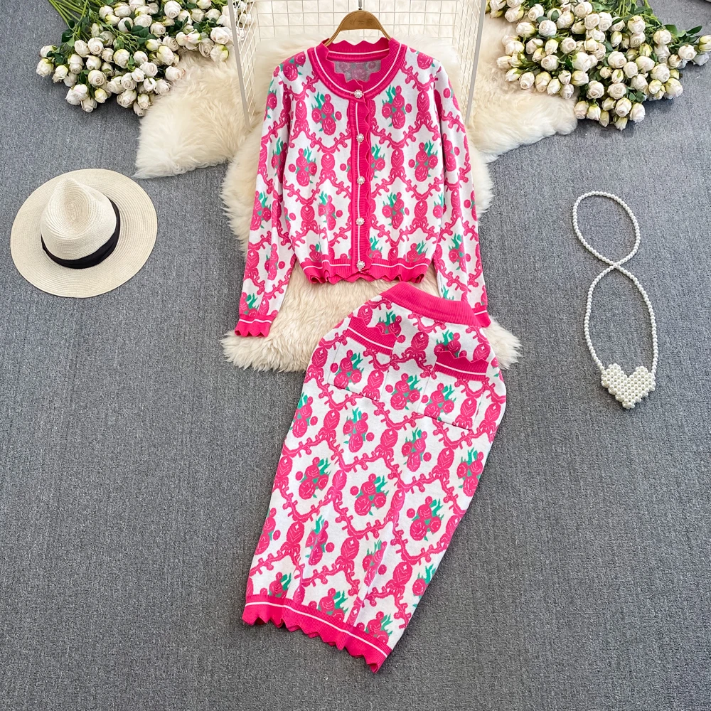 

Knitted Cardigan Coat And Skirts Women Slim Fit Vintage Elegant Short Top And Skirt Set V-neck Single Breasted 2 Piece Set