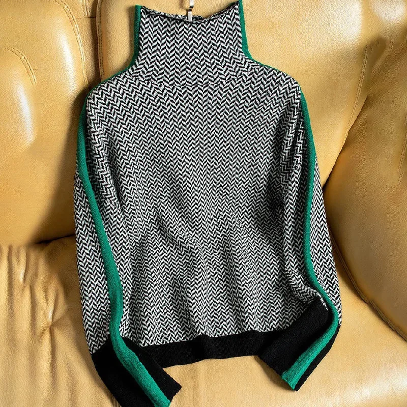 

Vintage Women's Turtleneck Sweater Winter 2022 Contrast Color Striped Elegant Casual Y2k Based Long Sleeve Tops Knitted Pullover