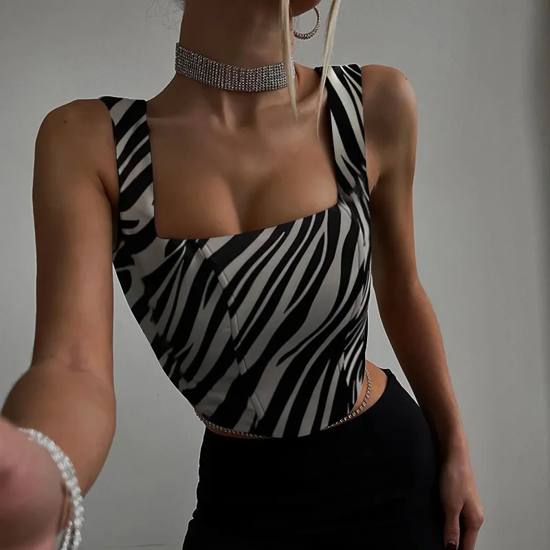 Women Summer Casual Vest Zebra Pattern Sleeveless Backless Slim Fit Corset Patchwork Tank Crop Tops