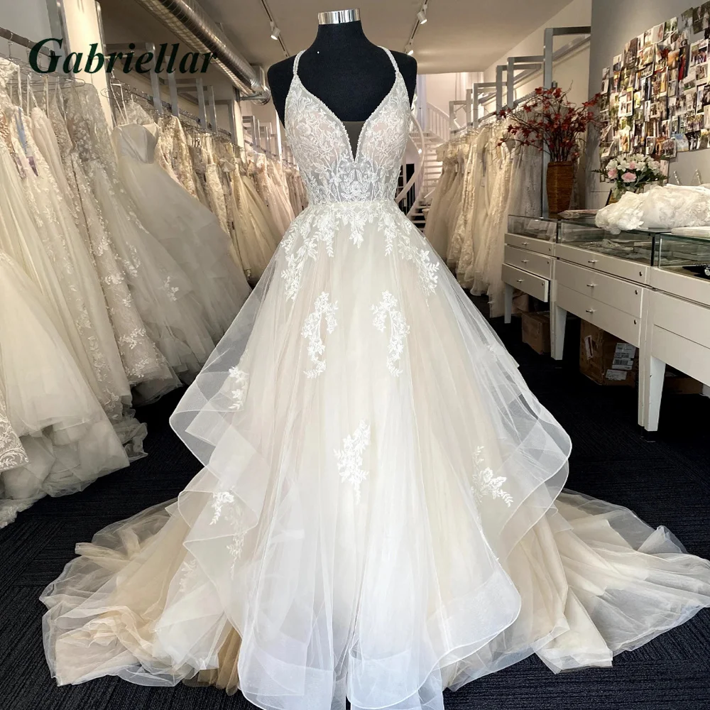 

Gabriellar Classic Wedding Dress Lace Appliques V-Neck Criss-Cross Back A-line Sleeveless Court Train Vestido De Novia 2023