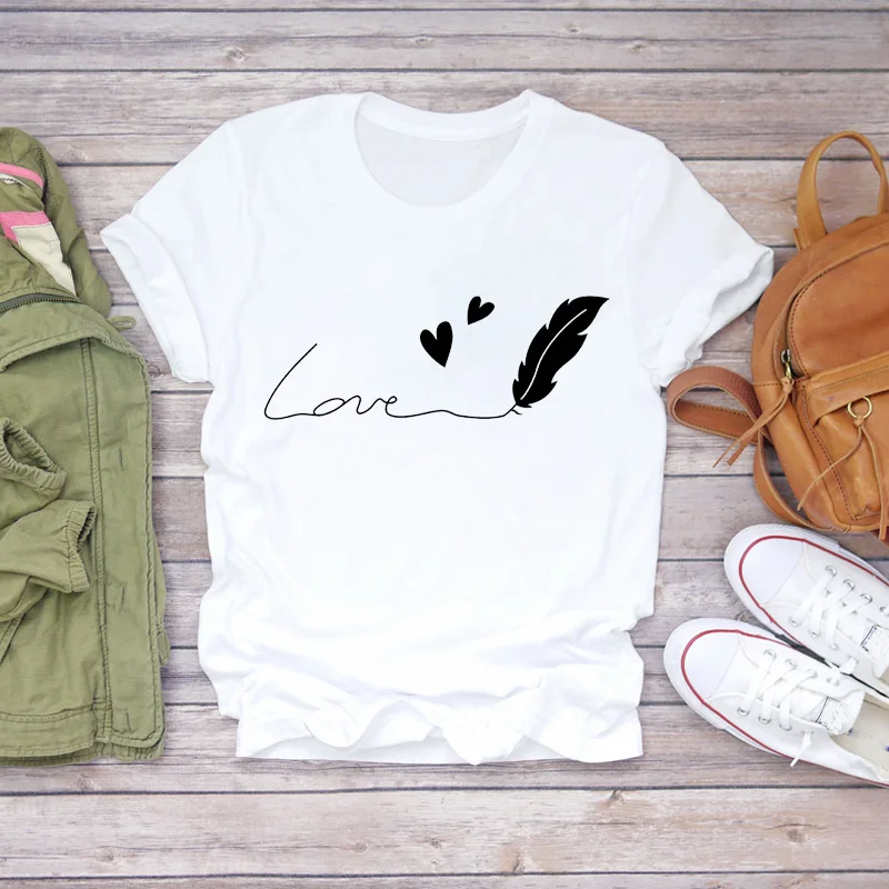 

Women T-shirts Feather Love Simple Sweet Printing Short Sleeves T-shirt Lady Stylish Top Female Shirt Girl Tee Woman Clothes