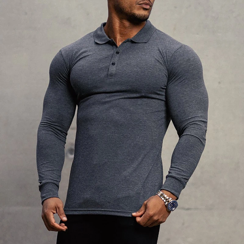 

New Autumn Fashion Mens Polo Shirt Stretch Cotton Gym Clothing Sports Polos Male Spring Casual Long Sleeve Breathable T Shirt