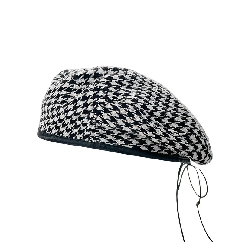 

Black and White Plaid Beret Women French Berets Fashion Caps Female Houndstooth Berets Girls Beanie Hat With Adjustable Rope