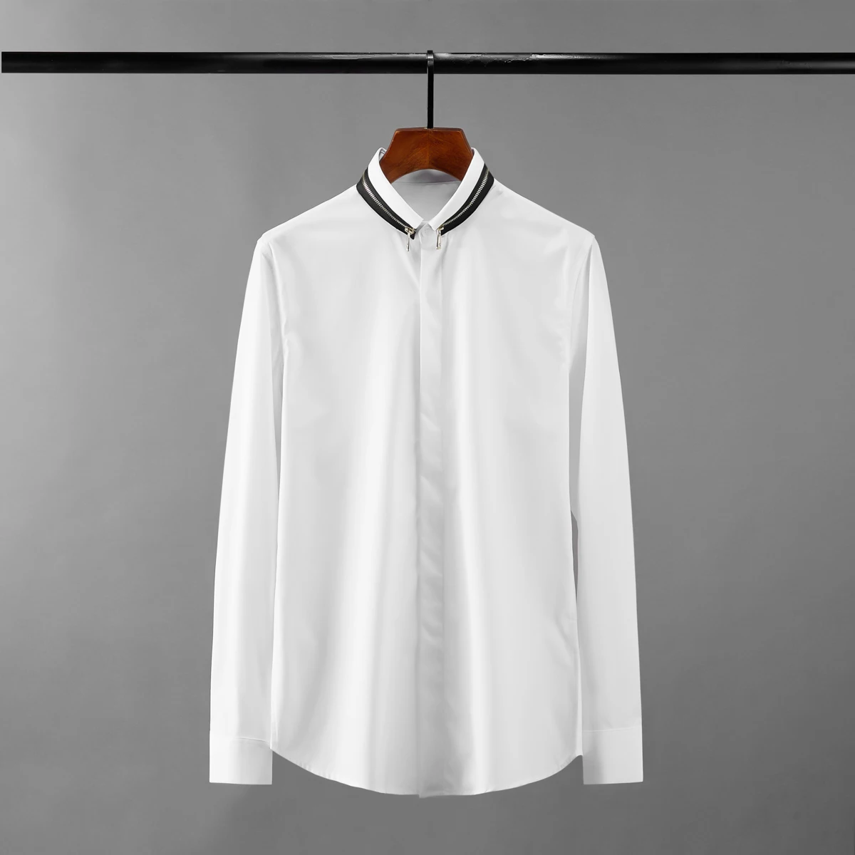 2022 Black White Male Shirts Luxury Long Sleeve Zipper Collar Casual Mens Dress Shirts Fashion Slim Fit Party Man Shirts 4XL