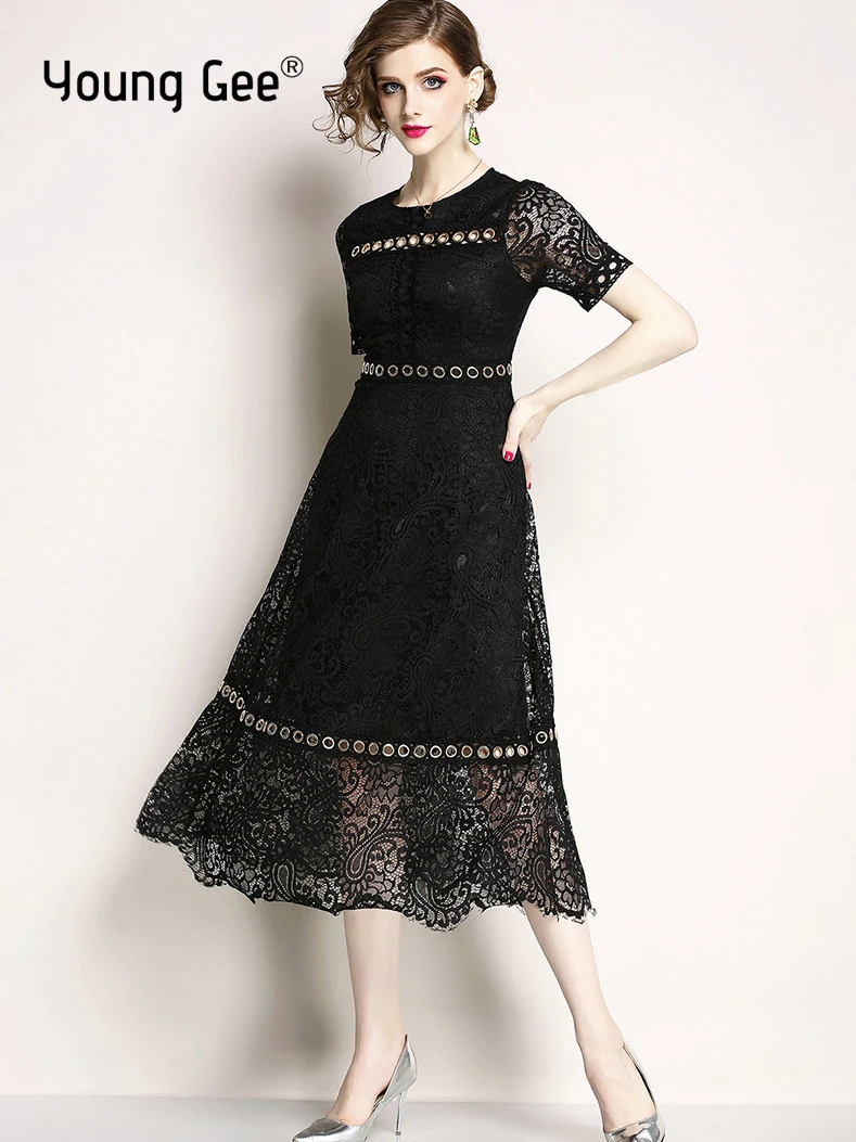 

Женское кружевное платье Young Gee, классическое приталенное платье с цветочным рисунком, белое, черное, на лето