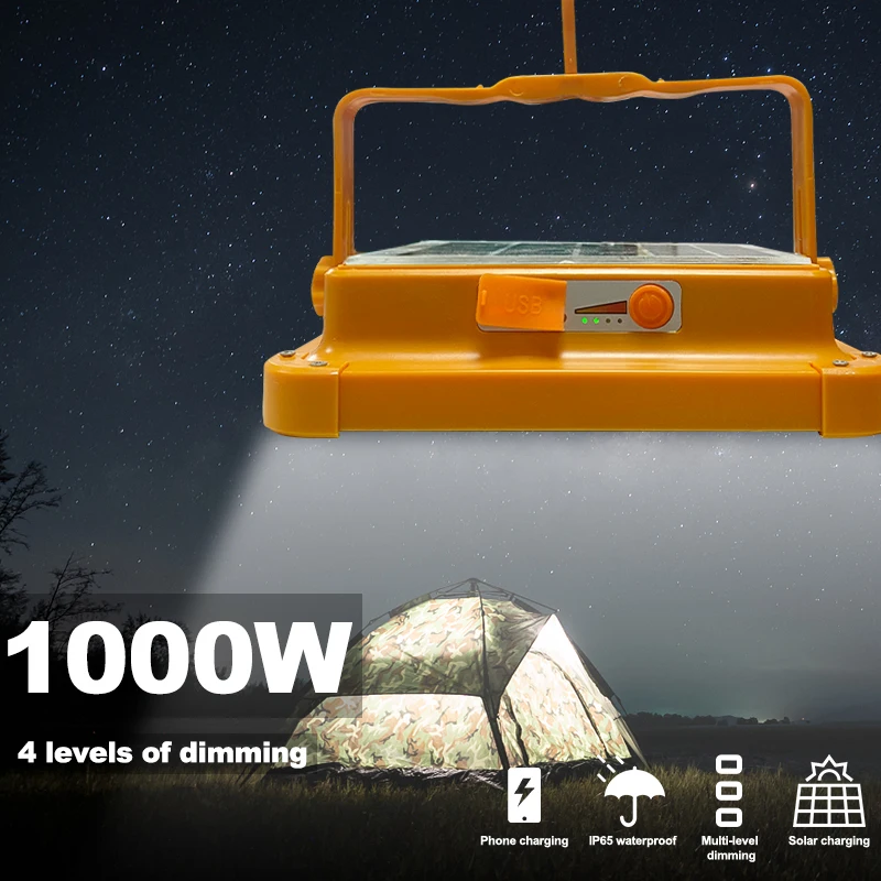 

1000w Rechargeable Solar Flood Light Outdoor Portable LED Reflector Spotlight with Magnet Strong Light Camping Tent Lamp