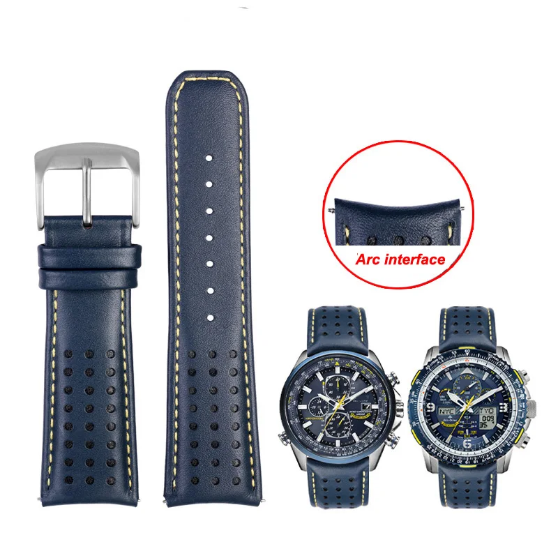 

22mm 23mm Blue color Genuine Leather Watchband Strap Men's Watchband For Citizen AT8020-54L/JY8078 with folding buckle bracelet