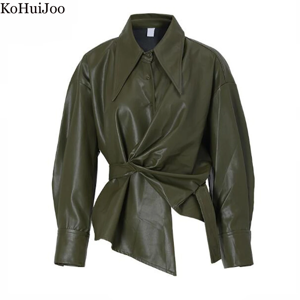 Enlarge Kohuijoo Irregular Design PU Leather Short Coat Women Autumn New Army Green Loose Pointed Collar Slim Faux Leather Shirt Tops