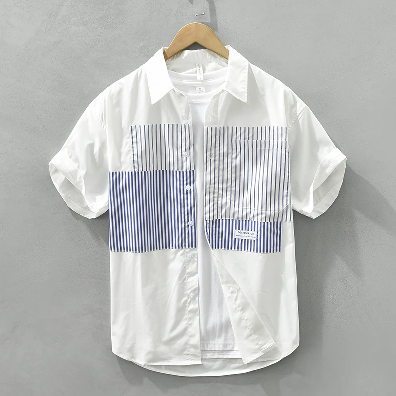 

Pure Cotton Striped Patchwork Short Sleeve Shirt for Men Summer New Fashion Loose Tops Male Casual Button Up Shirt