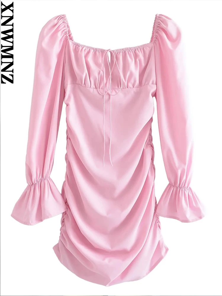 

XNWMNZ 2022 Women Fashion Lace Up Pleated Long Sleeve Dress Woman Retro Sweet Lotus Leaf Sleeve Back Zipper Female Chic Dresses