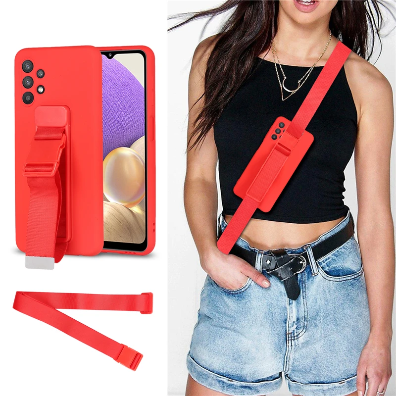 

Bracket Long Rope Phone Case For Samsung Galaxy A82 A81 A72 A71 A70 A52 A51 A32 5G S21 S20 Plus Pro Note 10 20 Ultra Cover Coque