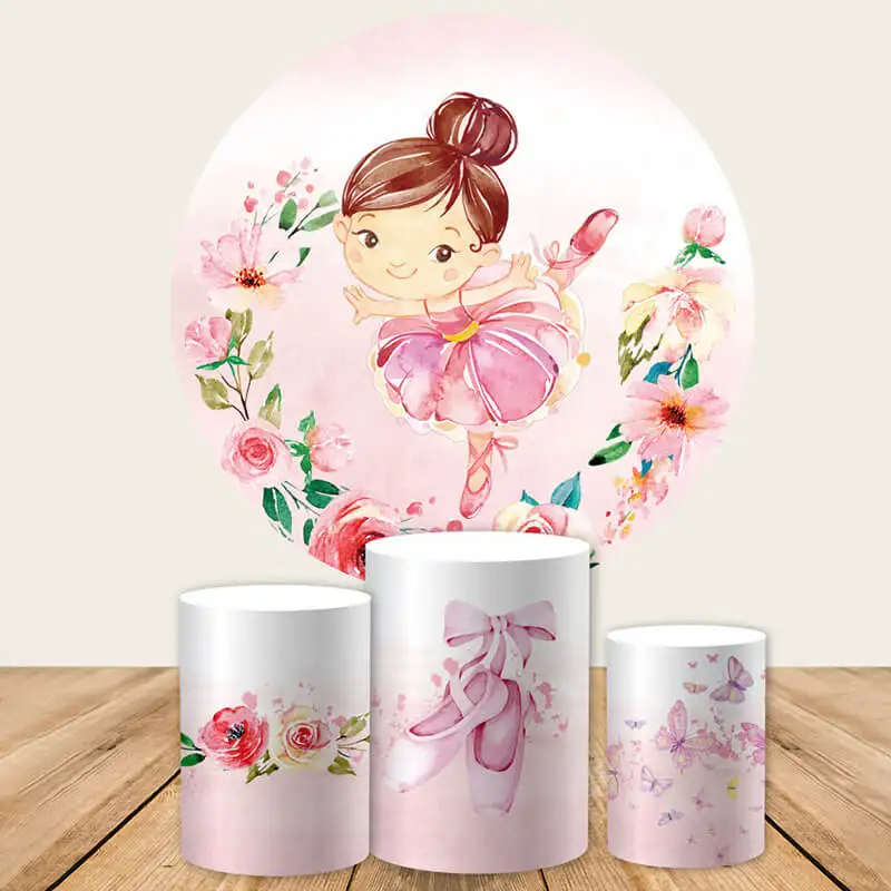 

Ballet Pink Girl Baby Shower Photo Background Party Decorations Flower Round Photography Backdrops Cylinder Elastic Covers