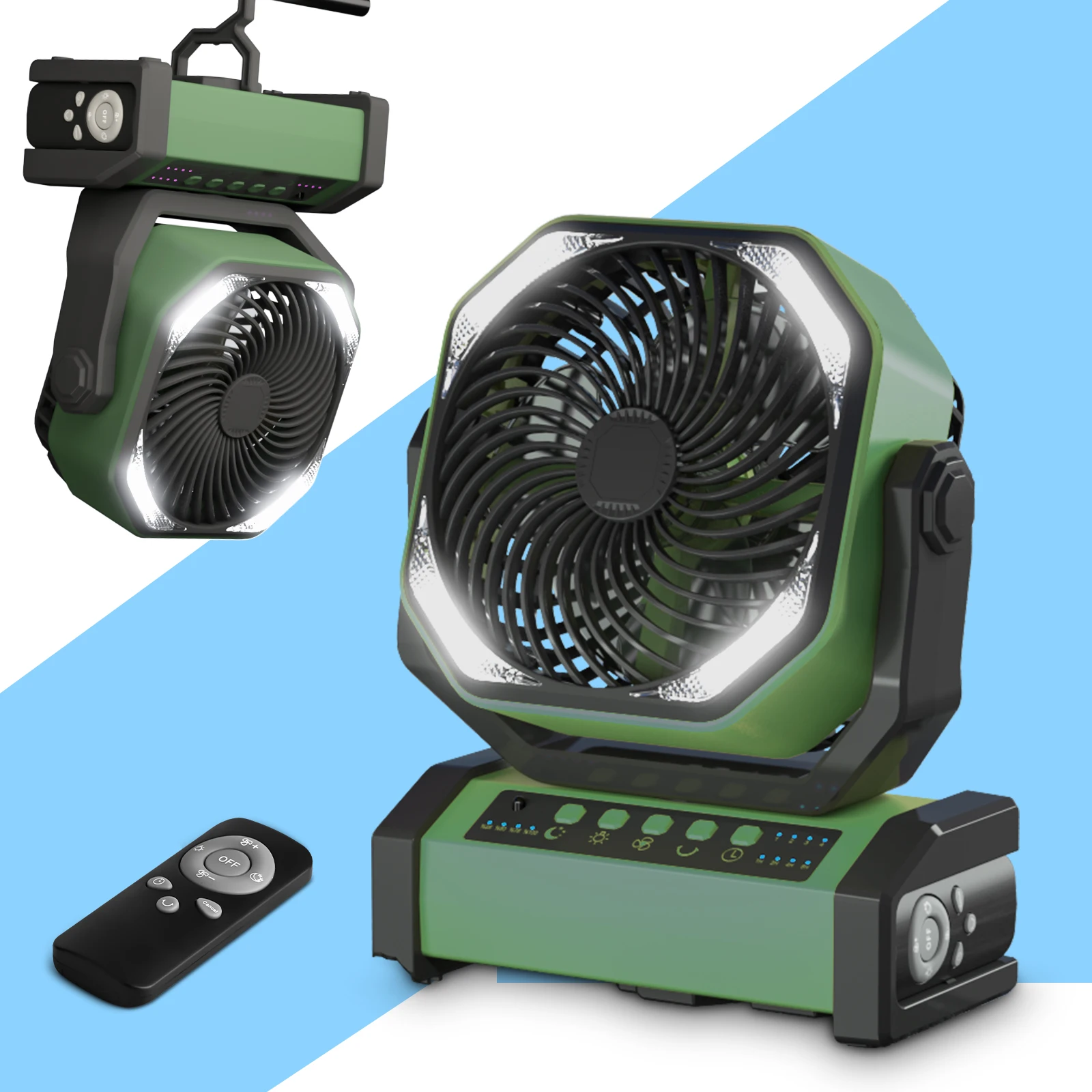 

20000mAh D12 Green Camping LED Fan with Light,Rechargeable Battery Powered Outdoor Tent Fan with Light