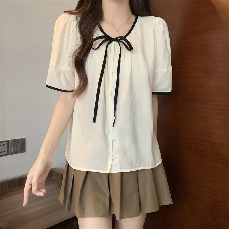 

Summer Women's Short Sleeved Round Neck French Bubble Sleeved Casual Elegant Lace Up Chiffon Shirt Camisas Mujer Women Tops C853