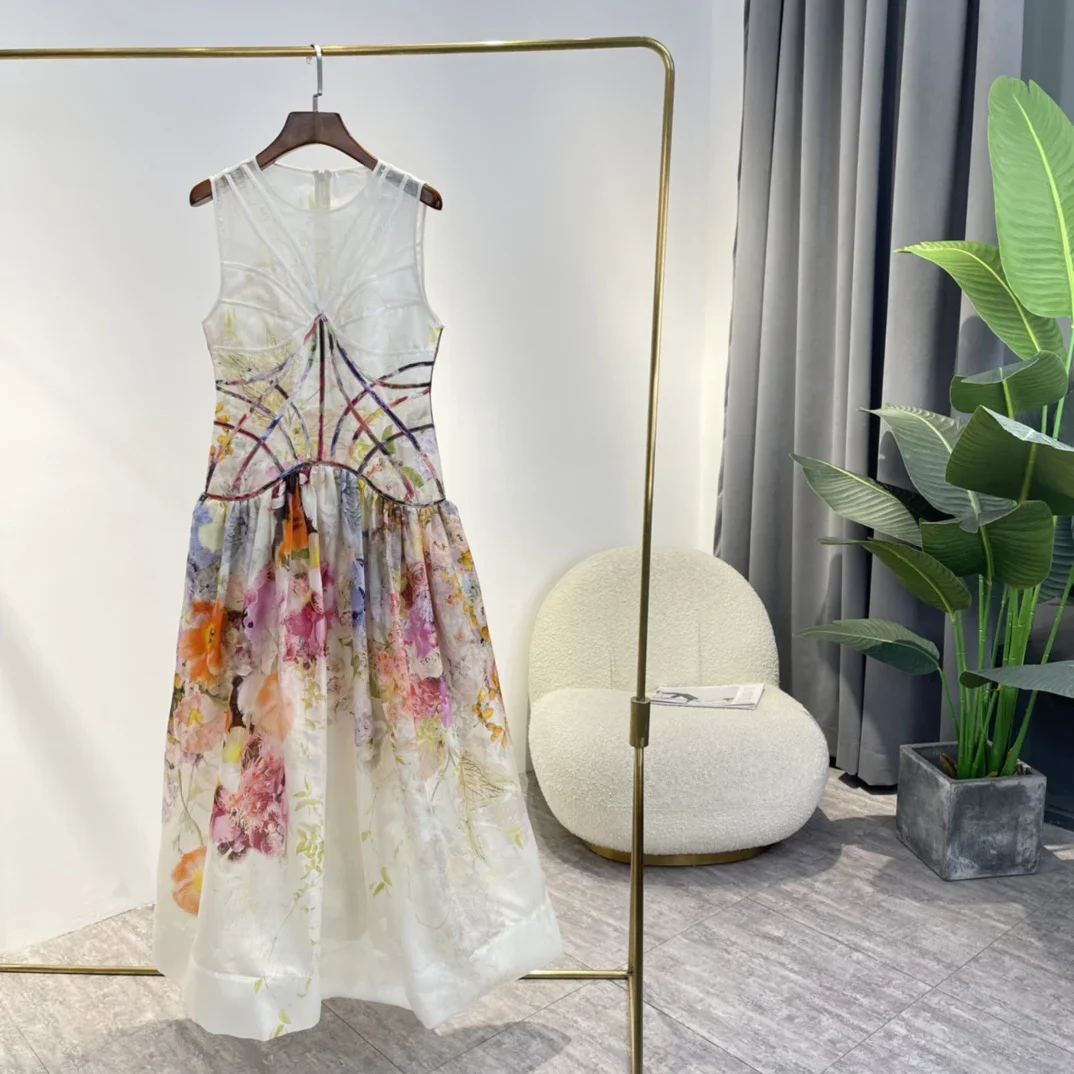 

2022 Hot Sale Vintage Top Quality Linen Silk Corset Floral Printing Gradient Midi Length Tank Dresses for Women