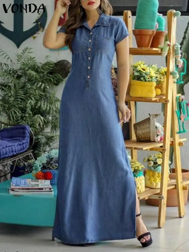 

Summer Maxi Dress 2022 VONDA Women Fashion Casual Solid Long Denim Dress Vintage Lapel Short Sleeve Party Streetwear Sundress