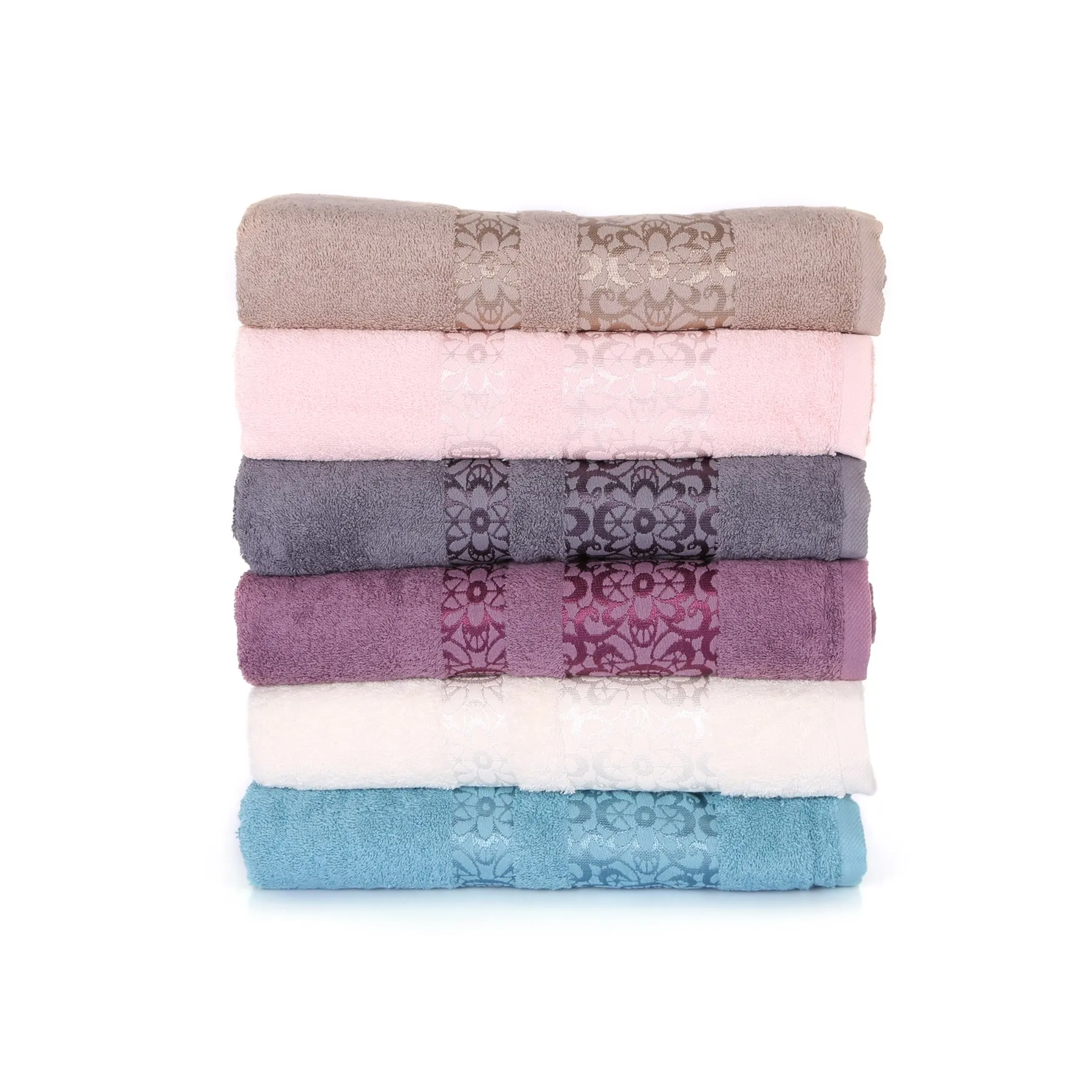 Floral Patterned Jacquard %100 Turkish Cotton Bathtowel Soft Super Absorbent 70x140 cm 6 Pcs Bathroom Hotel Sauna Towel Set - купить по