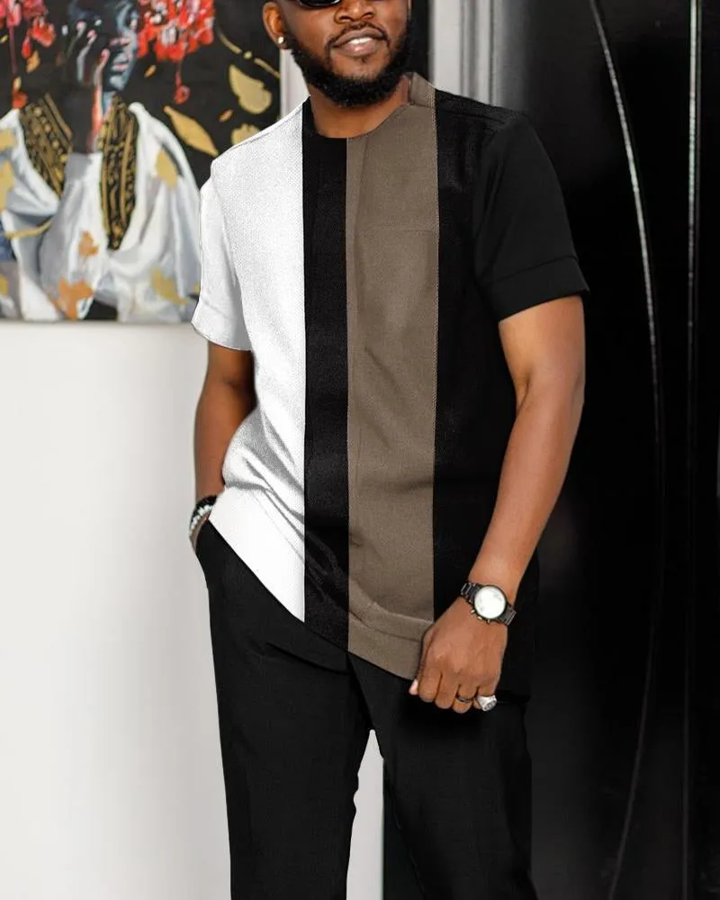 Summer Tracksuit Suit Oversized T Shirt Trousers Fashion Striped 2 Piece Set For Men Short Sleeve and Pants Casual Streetwear