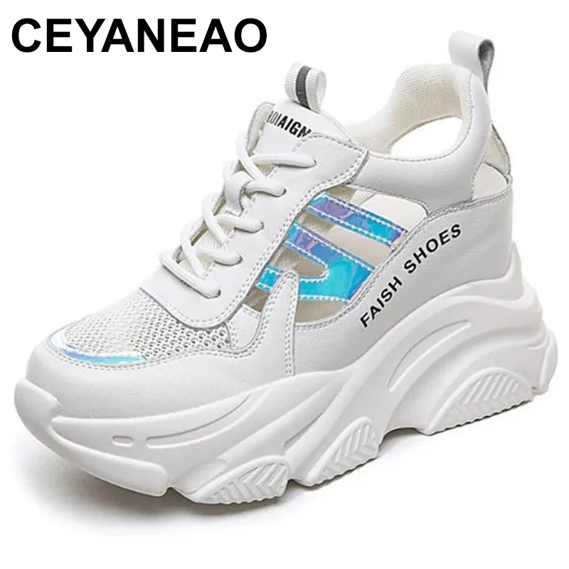 

8CM Hollow Genuine Leather Women Summer Shoes Platform Sneaker Wedge Hidden Heel Women Summer Sandal Casual shoes 34 39