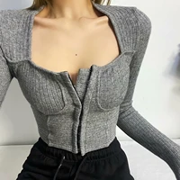 2021 women vintage square collar sweater spring fallnew slim long sleeve short sweater female korean sexy solid color knitwear