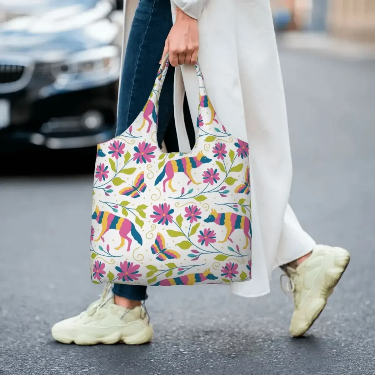 Сумка-тоут с мексиканской вышивкой отами на заказ и волками прочная парусиновая