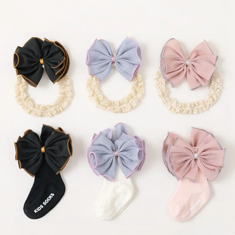 

Baby Girl Socks Gift Box For Newborns 2Pcs Headband Sock Set Pretty Infant Girls Bow Hair Accessories Baby Shower Gifts