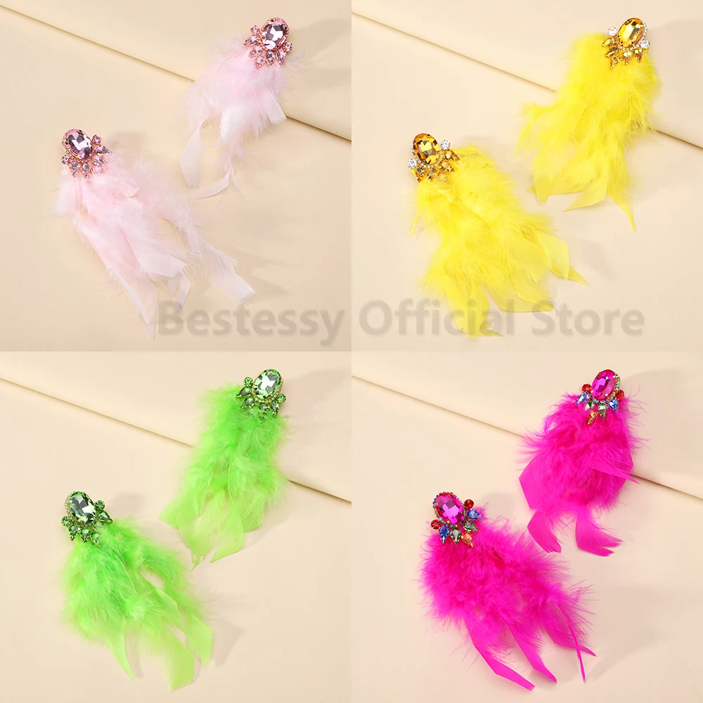 2025 элегантный декор со стразами длинные серьги-капли с перьями роскошные