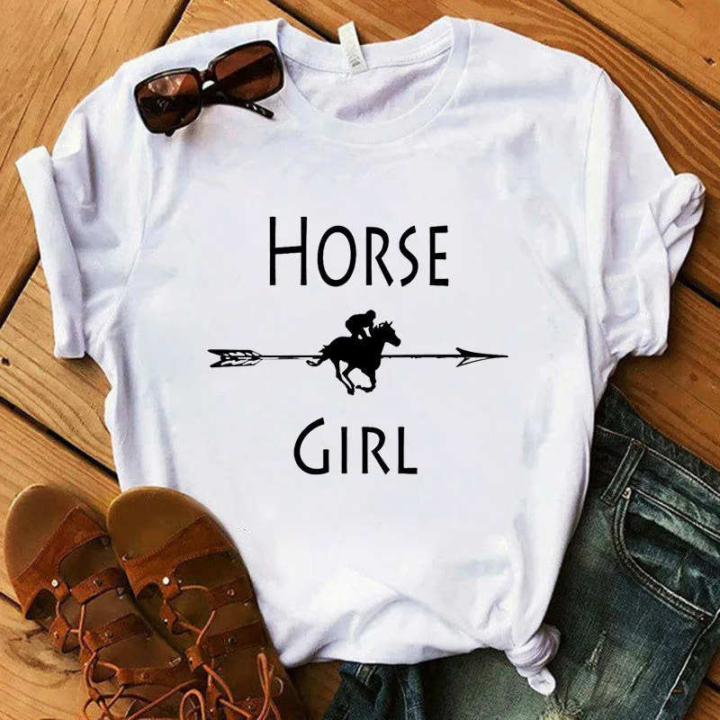 2023 Fashion Just A Girl Print Horse T Shirt Women T-Shirts Casual Funny T-shirt White Tops Women Short Sleeve Horse Tshirt Tops