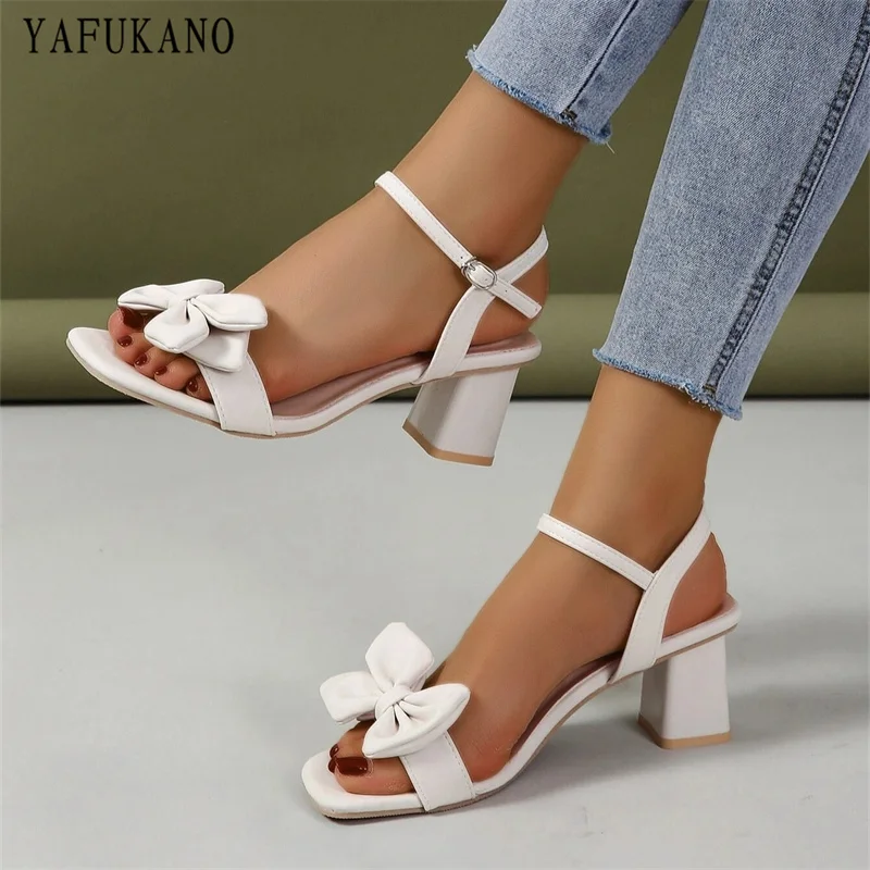

Bow Decor Chunky Heeled Ankle Strap Sandals Fairy Style Party Dress Shoes Fashion Open Toe High Heels Plus Size Women Shoe 41 42