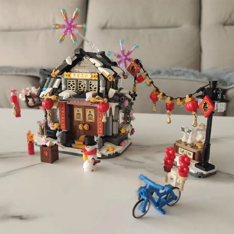 

3D Model DIY Mini Blocks Bricks Building Architecture Spring Festival Winter House Snowman Lantern Toys for Children