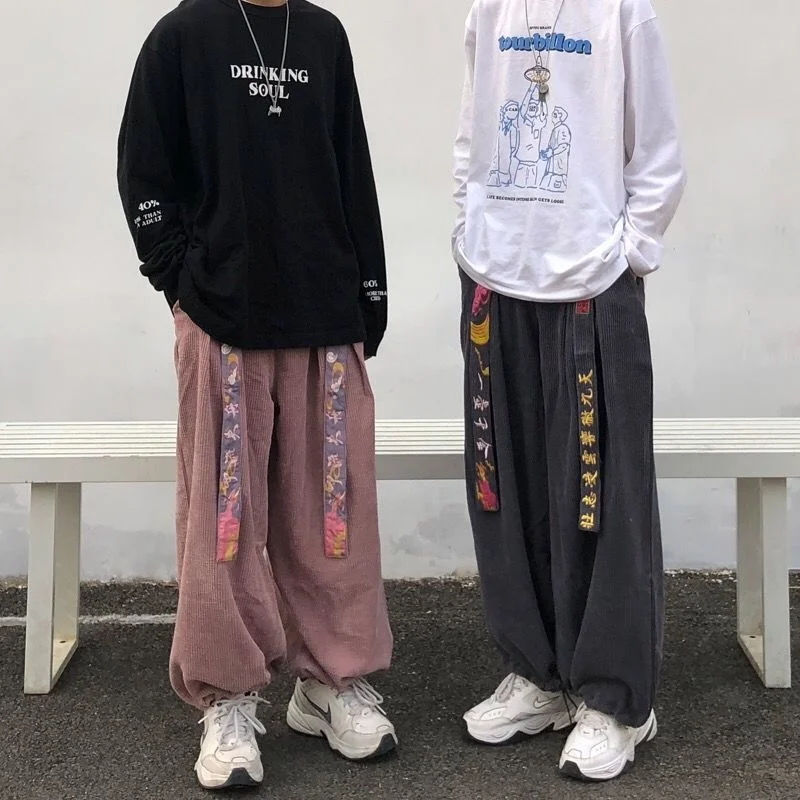 

HOUZHOU Corduroy Pants Baggy Wide Leg Pants for Men Joggers Summer Retro Chinese Style Streetwear Hip Hop Harajuku Embroidery