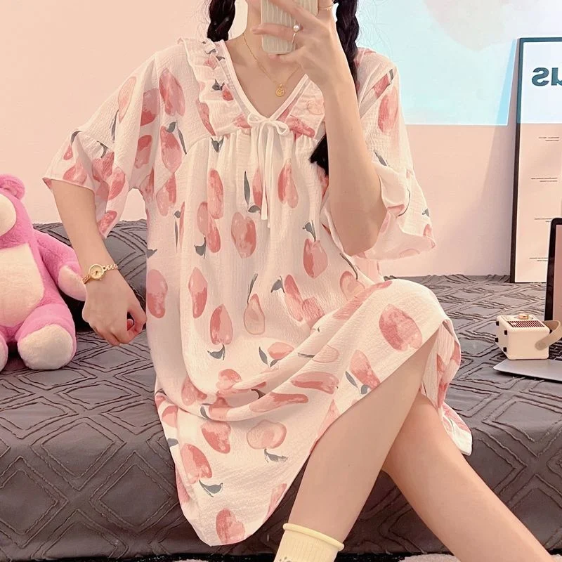 Summer Womens Nightdress V-Neck Sleepshirt Sweet Cute Pajamas Nightwear Sleepwear Spring Home Dressing Gown Nightgowns Plus Size