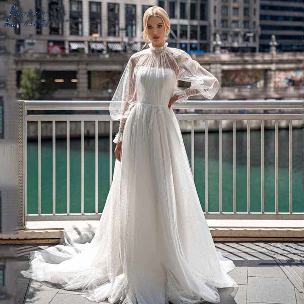 

LAYOUT NICEB Boho See Through Wedding Dress High Collar Long Puffy Sleeve Tulle Bridal Gowns Tulle Lace Up Custom Bride Dresses