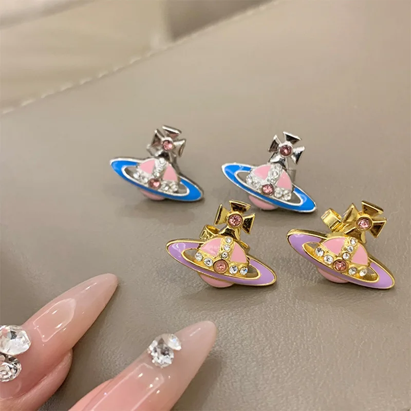 

RACHELZ 2023 Drip oil Enamel Planet Stud Earrings For Women Vintage Elegant Shiny Zircon Saturn Earrings Jewelry Gift