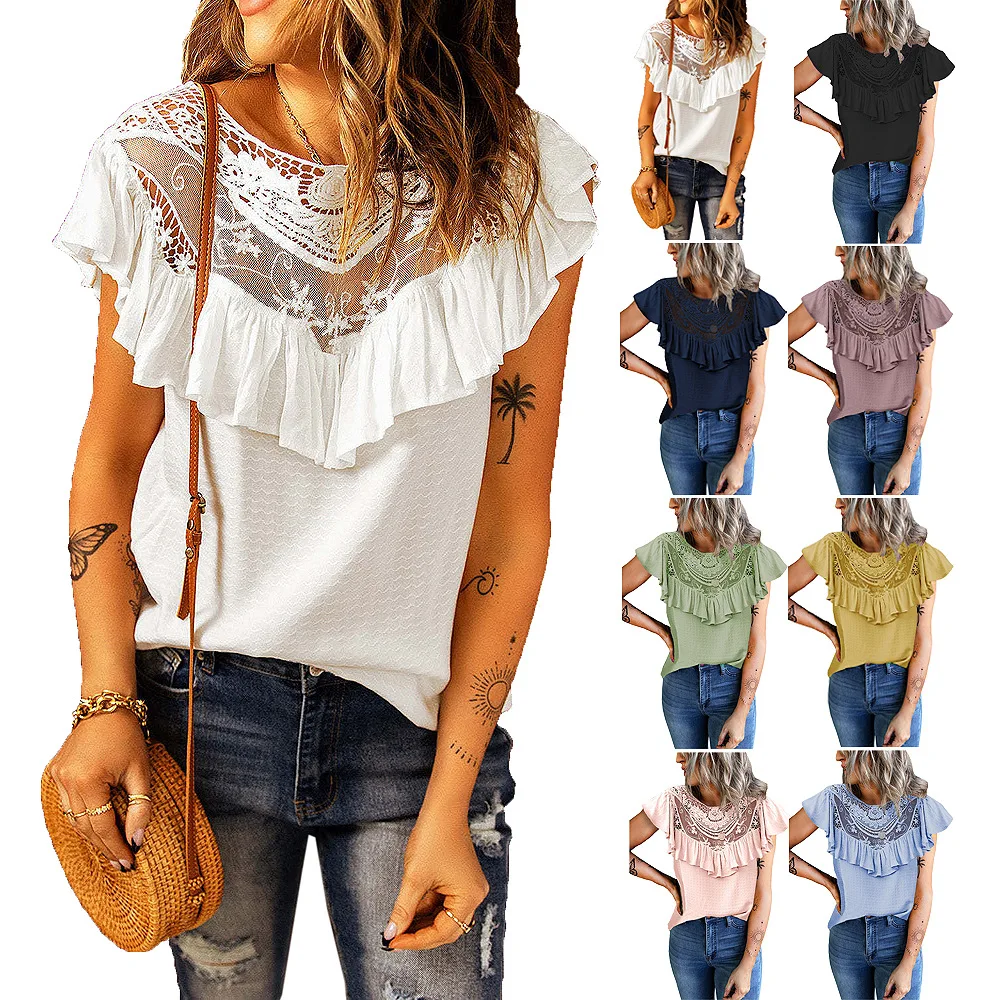 

Spring/Summer 2022 New Lace Lotus Leaf Short Sleeve Round Collar Loose Solid Color Tops For Women